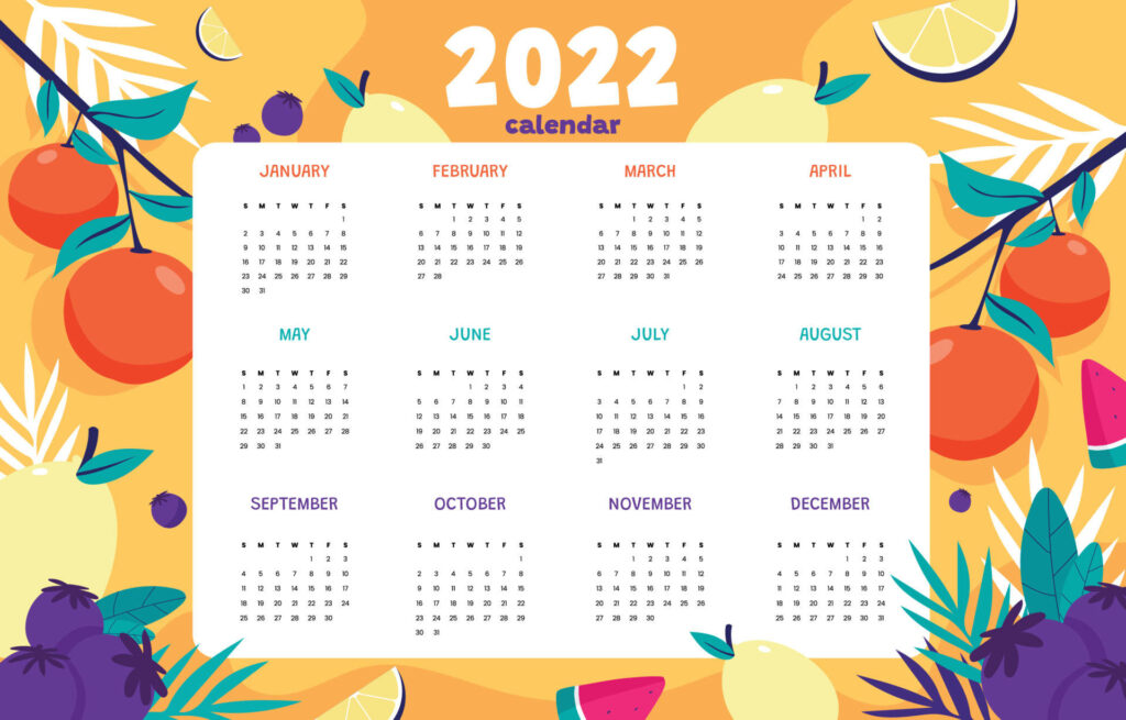 Vibrant 2022 fruity calendar wallpaper with colorful oranges lemons watermelons and berries design
