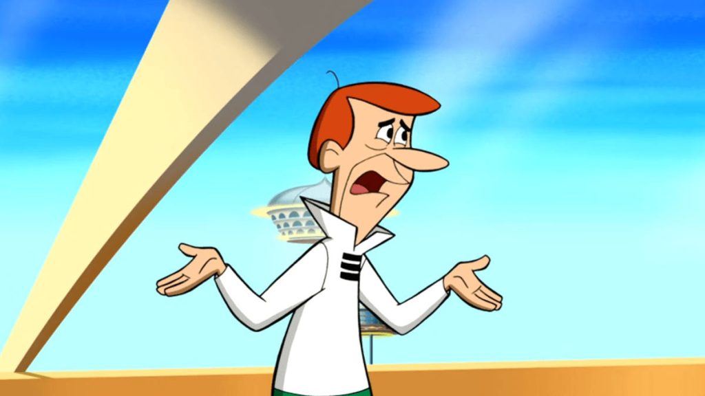 Frustrated George Jetson in red hair and white jacket shrugging against retro futuristic cityscape wallpaper