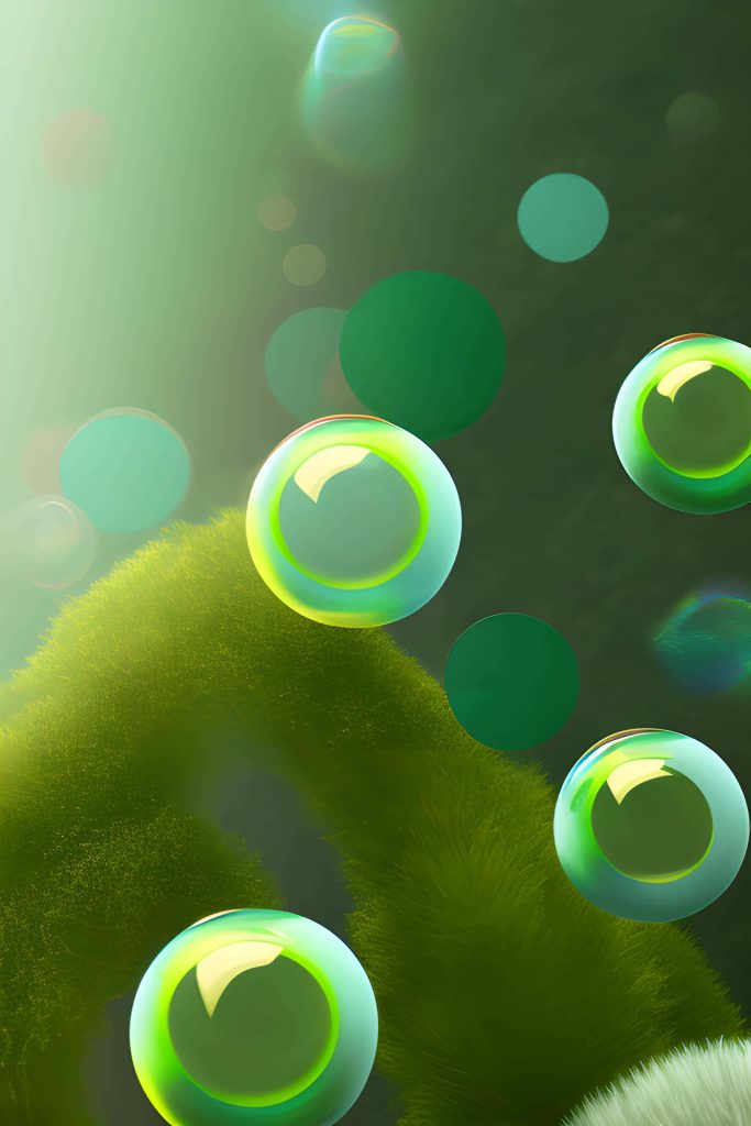 Glossy 3D bubbles floating on soft moss green textured background modern abstract wallpaper