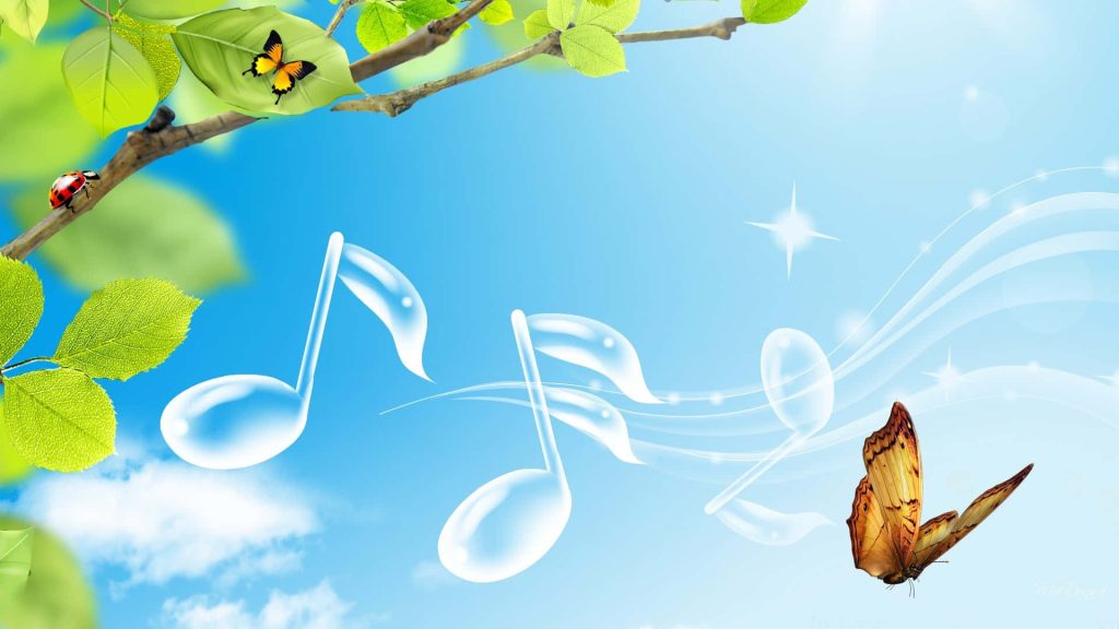 Vibrant Frutiger Aero wallpaper with glossy musical notes, green leaves, butterflies, and sky clouds