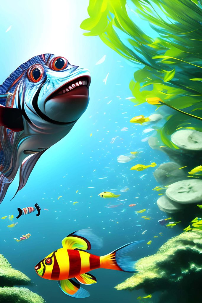 Underwater wallpaper with colorful cartoon fish and vibrant yellow striped tropical reef scene