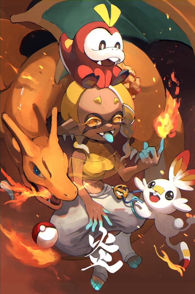 Vibrant Splatoon 3 Frye with Charizard Scorbunny and Fuecoco fiery Pokémon fan art wallpaper