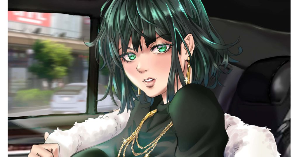 Fubuki from One Punch Man in sleek car digital art green hair black attire gold jewelry wallpaper