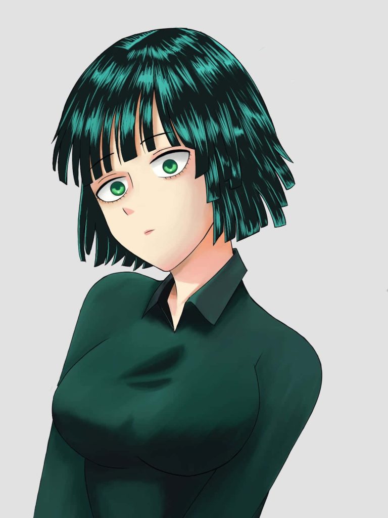 Anime wallpaper of Fubuki from One Punch Man with dark green hair and striking eyes minimalist portrait