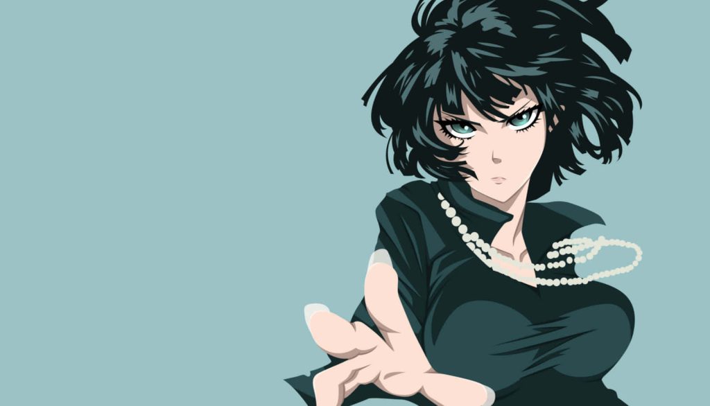 Fubuki One Punch Man anime wallpaper with short black hair green eyes pearl necklace teal background