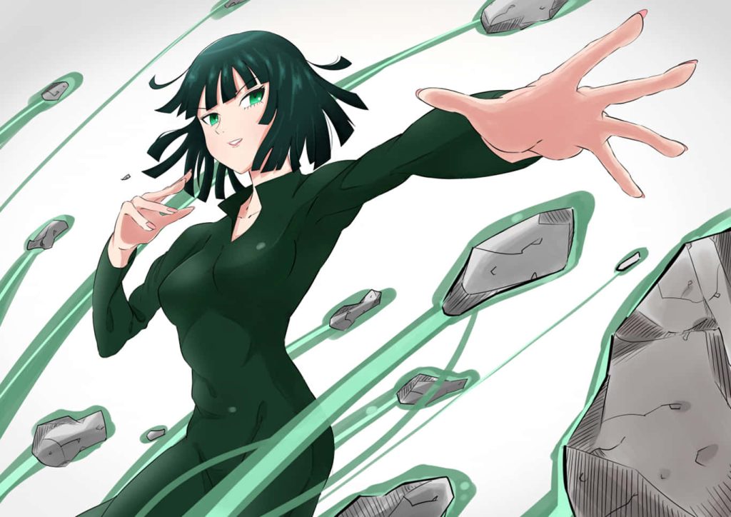 Fubuki One Punch Man anime wallpaper telekinetic rocks glowing green energy digital art