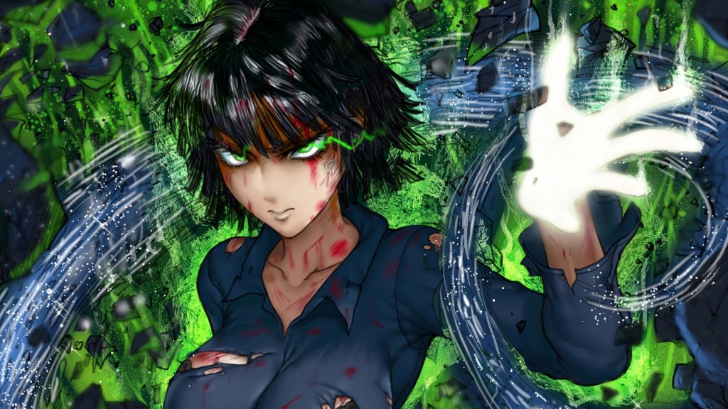 Fubuki One Punch Man telekinetic powers glowing fierce green energy battle anime wallpaper