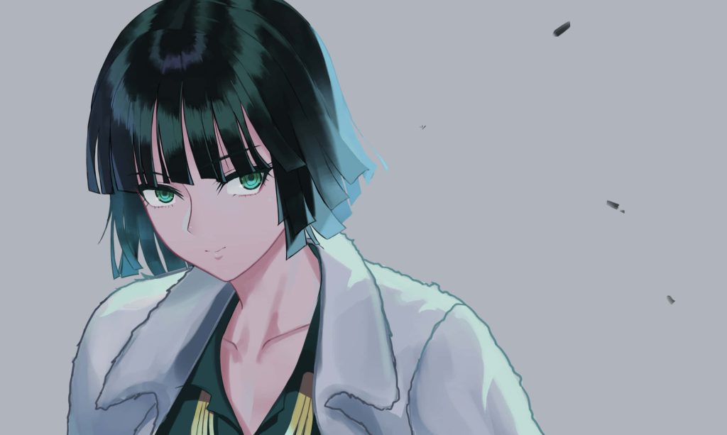 Fubuki One Punch Man wallpaper psychic power dark hair green eyes white fur coat desktop background