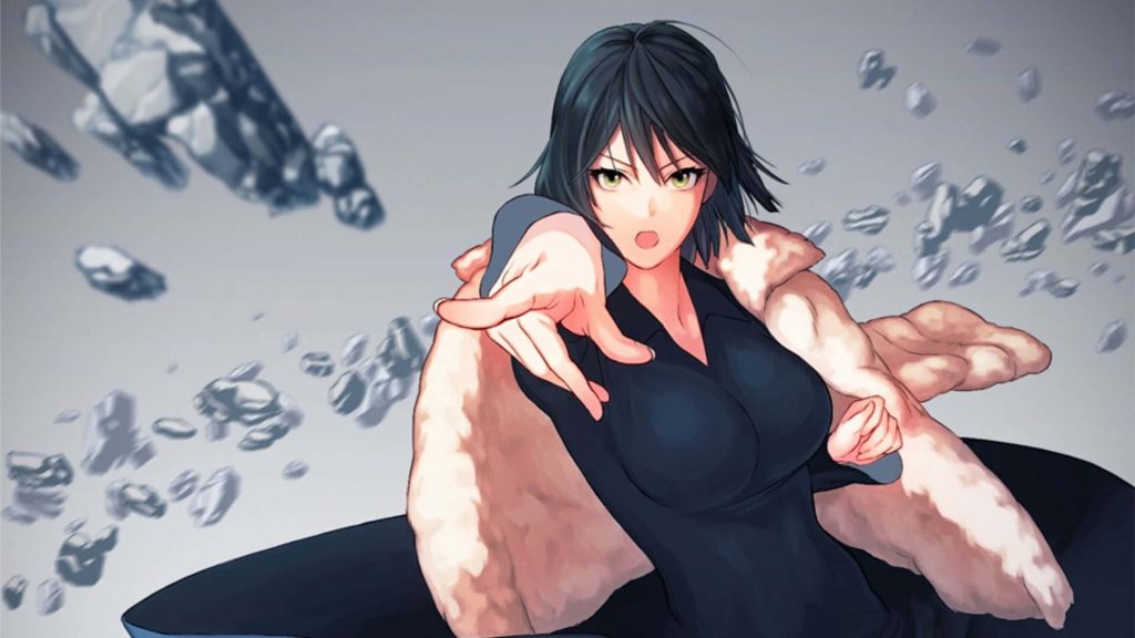 Fubuki Hellish Blizzard One Punch Man anime wallpaper black outfit fur coat telekinesis debris