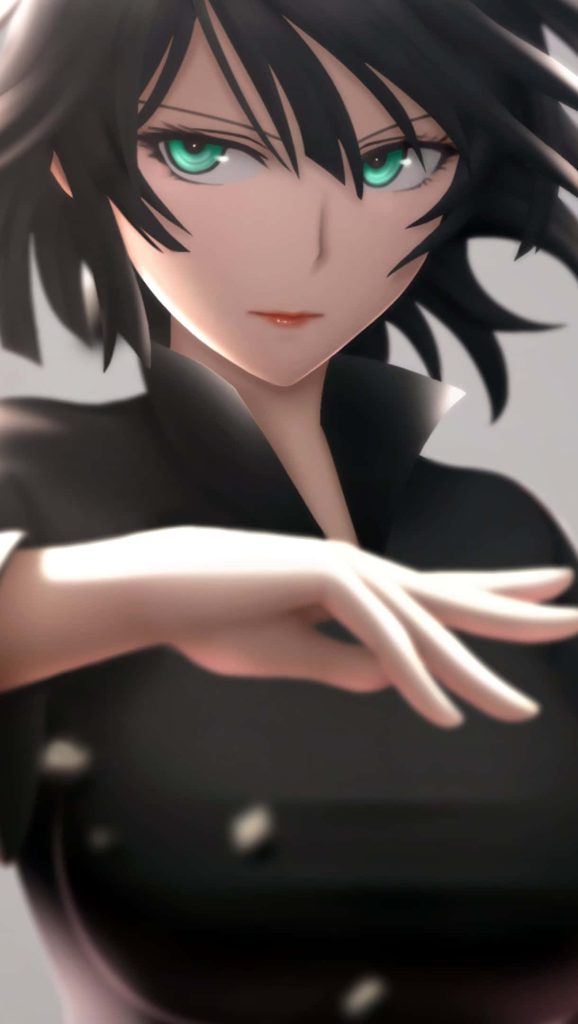 Fubuki One Punch Man intense gaze green eyes black hair reaching forward snowy wallpaper