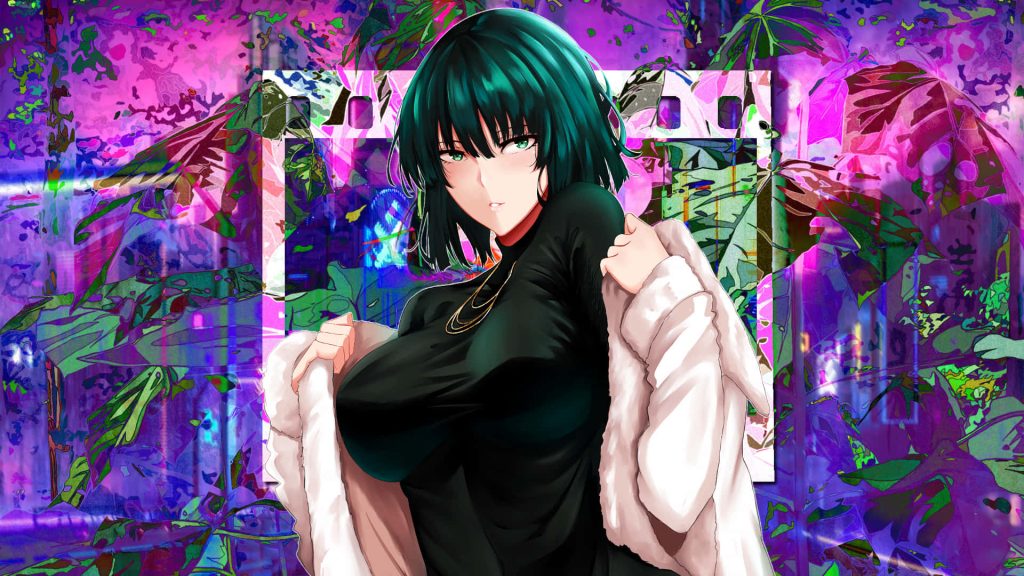 One Punch Man Fubuki wallpaper black top white fur coat neon purple glitch anime art background