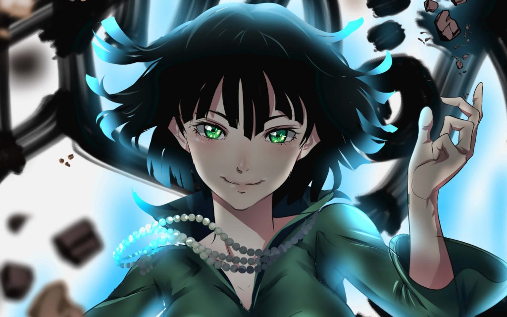 Fubuki One Punch Man wallpaper glowing blue aura green eyes floating chocolate anime art