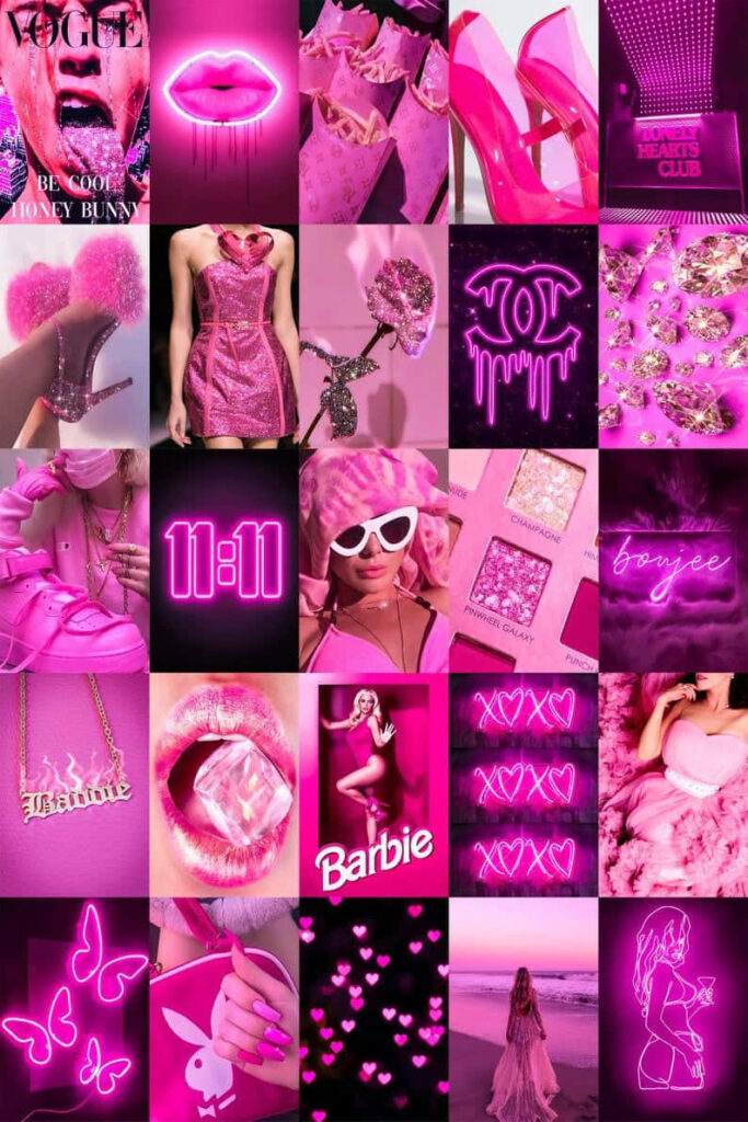 Fuchsia Dreamscape: Dazzling Pink Neon Lights Illuminate a Boujee Collage Wallpaper