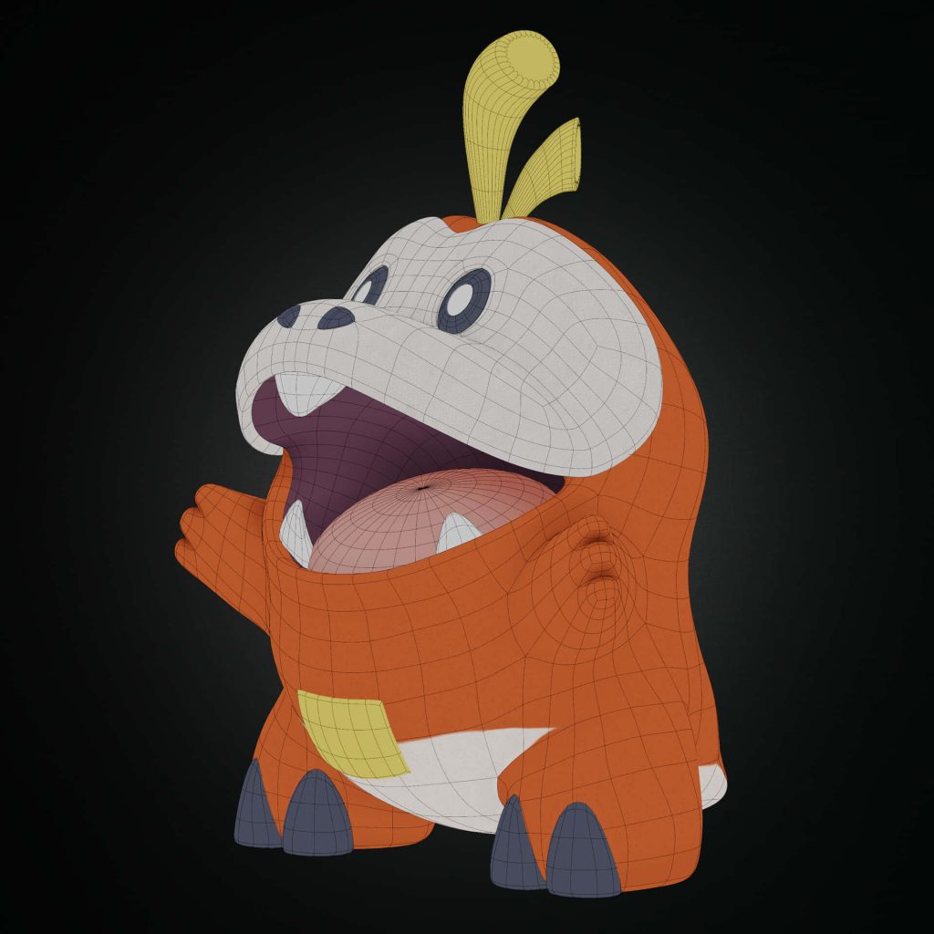 3D wireframe visualization of Fuecoco Fire-type Pokémon on dark minimalist digital art background Wallpaper