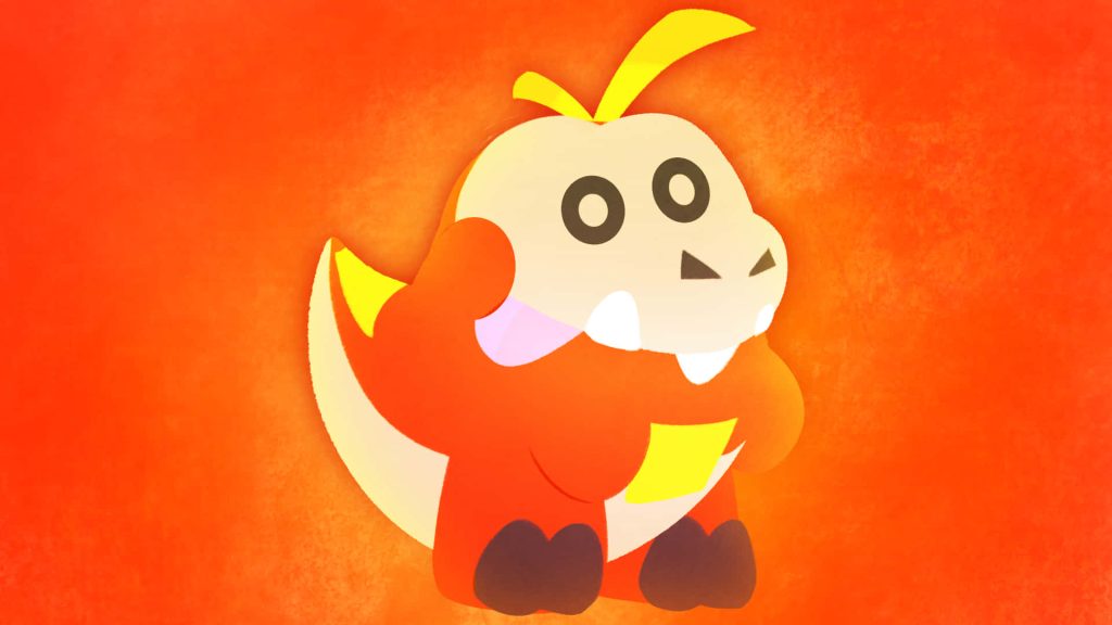 Bright digital illustration of Fuecoco Fire-type starter Pokémon on warm orange wallpaper background