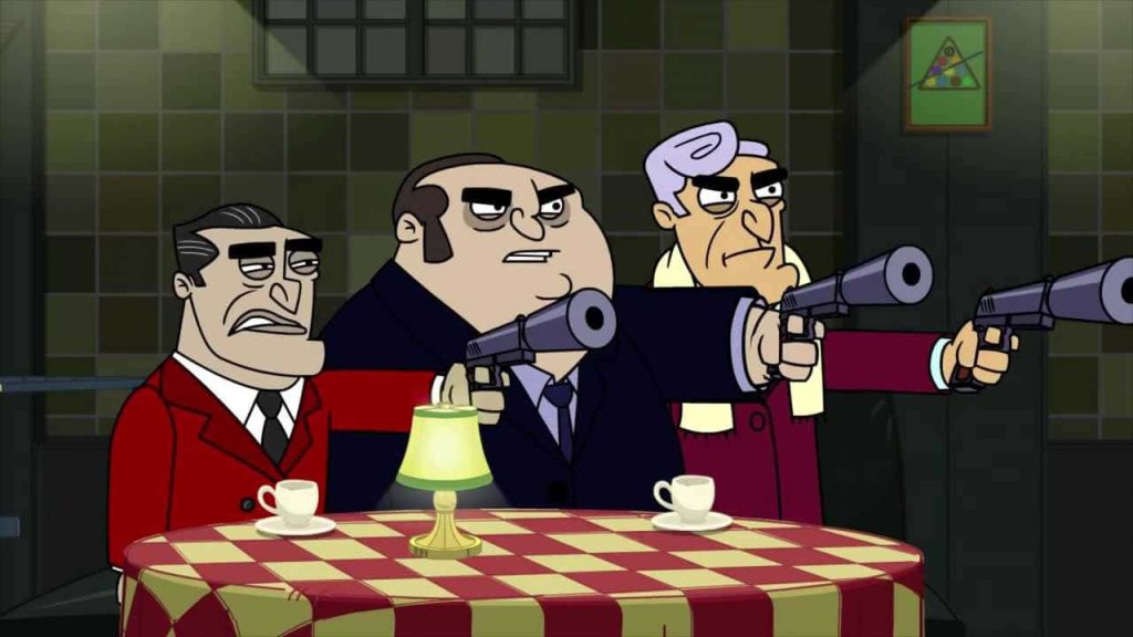 Animated wallpaper of three cartoon mobster gunmen at checkered restaurant table in Fugget About It