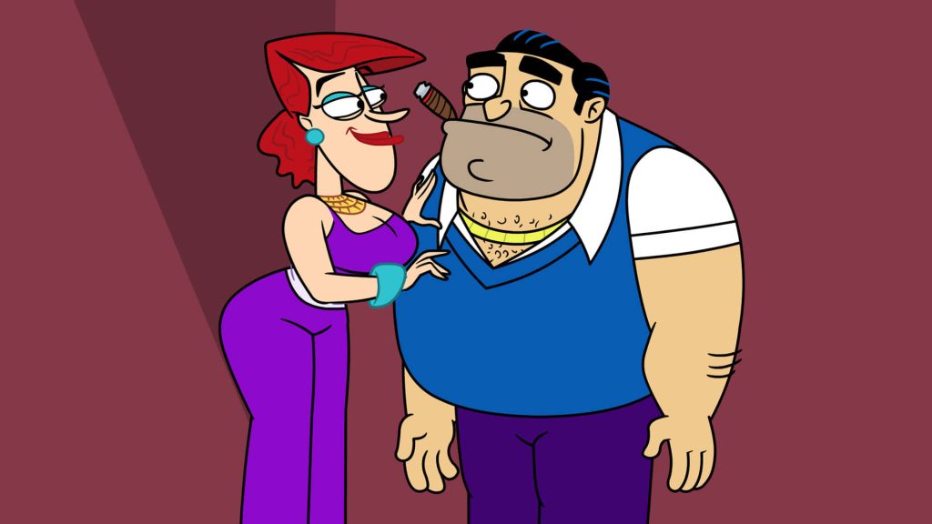 Cookie and Jimmy Falcone from Fugget About It in vibrant 2D cartoon mobster wallpaper