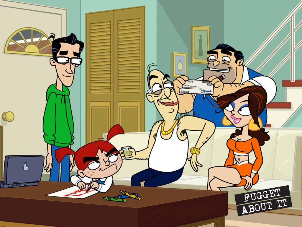 Colorful Fugget About It wallpaper of chaotic Falcone family in animated living room scene
