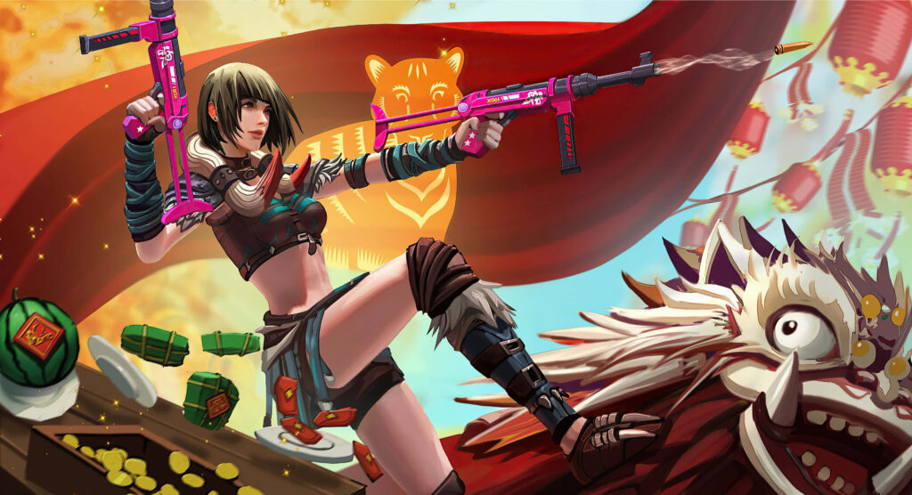 Kelly Free Fire Lunar New Year wallpaper dual pink weapons festive lanterns tiger banner digital art