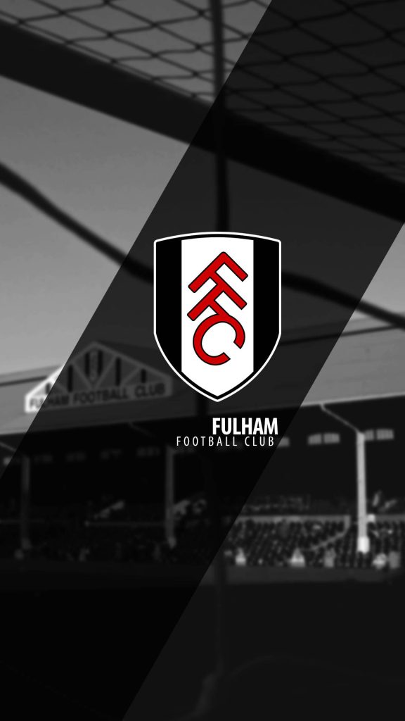 Fulham FC wallpaper with iconic crest and moody monochrome Craven Cottage stadium background