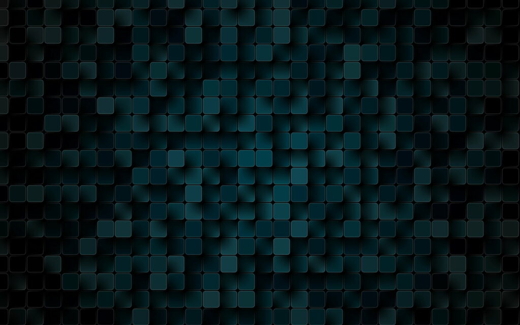 3D digital wallpaper with dark blue teal rounded squares on black background and soft glow