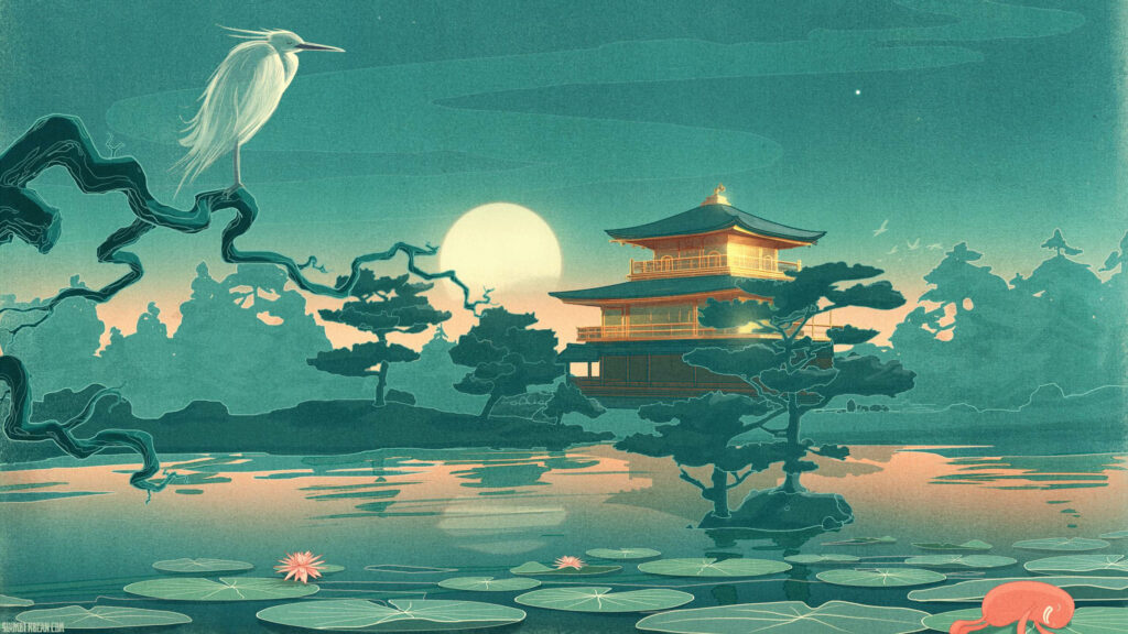 Golden Japanese Architecture and White Bird in Full Moon Night Lotus Pond Art Wallpaper