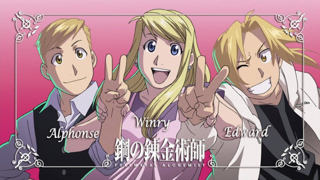 Fullmetal Alchemist Brotherhood wallpaper bright trio Alphonse Winry Edward pink background peace signs