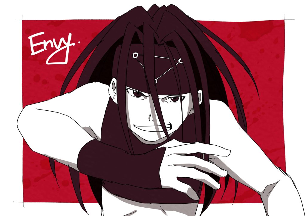 Fullmetal Alchemist Envy digital art close-up with vibrant red background and mischievous smirk Wallpaper