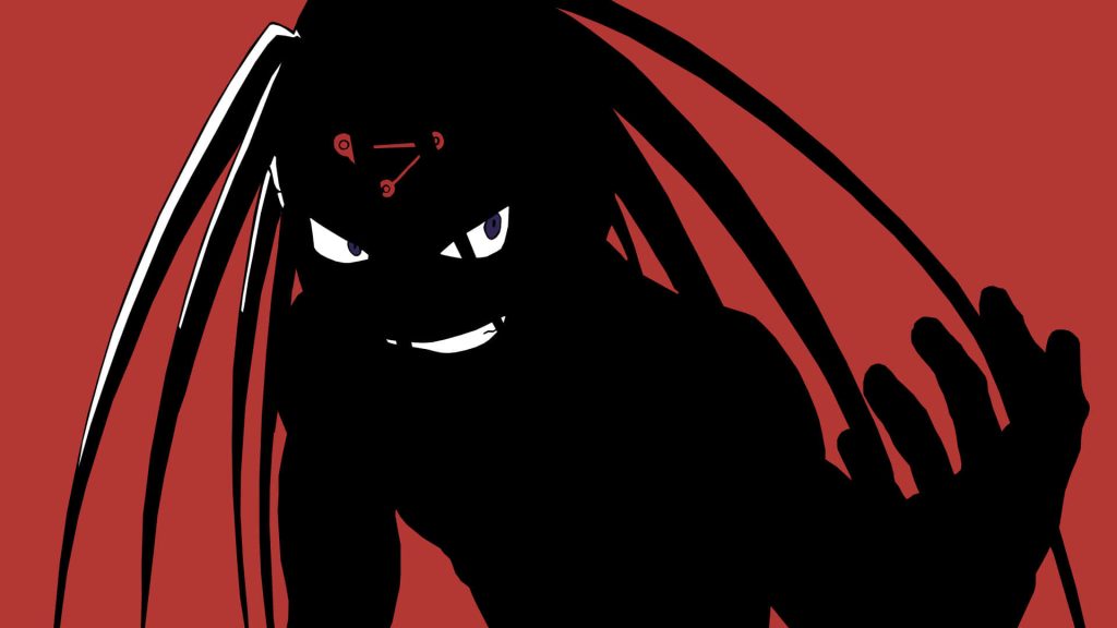 Fullmetal Alchemist Envy wallpaper bold silhouette red background purple eyes Ouroboros tattoo