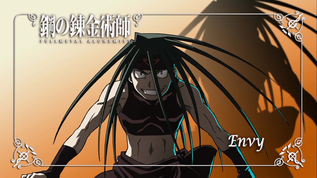 Fullmetal Alchemist wallpaper showing aggressive Homunculus Envy in dynamic anime pose on orange background