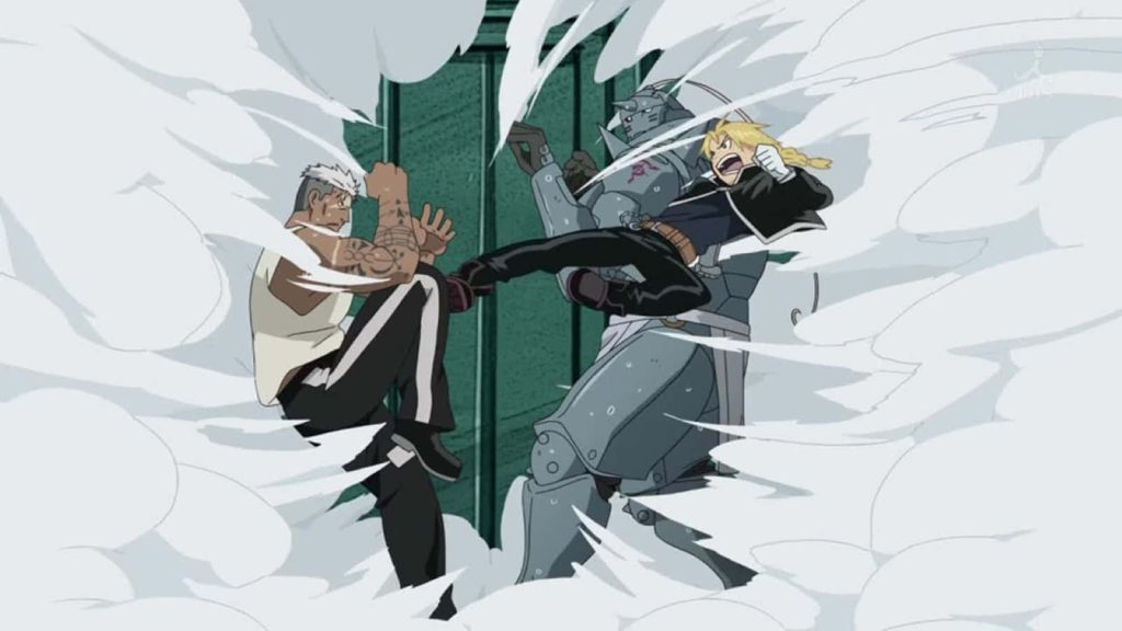 Fullmetal Alchemist intense battle Edward Elric kicks Scar Alphonse ready anime wallpaper background