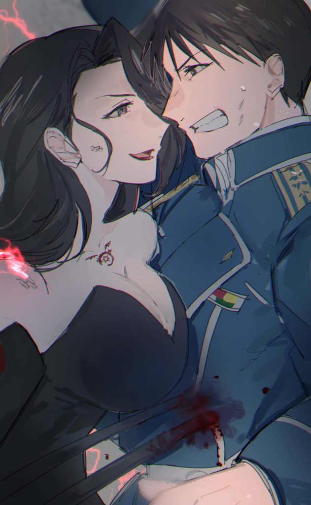 Fullmetal Alchemist wallpaper Lust and Colonel Roy Mustang tense confrontation digital art