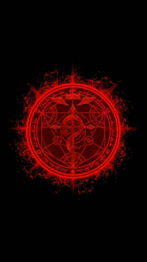 Fullmetal Alchemist red glowing transmutation circle with Flamel symbol on black background wallpaper