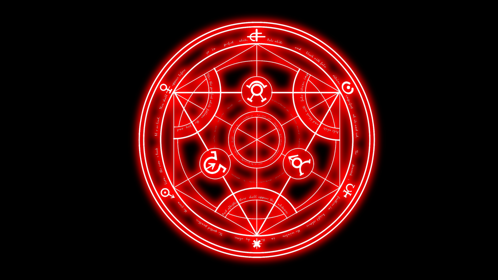 Radiant red Fullmetal Alchemist transmutation circle glowing on black background wallpaper