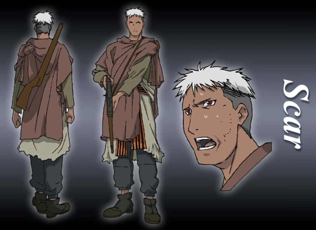Fullmetal Alchemist Scar character reference sheet with full body back view and intense close-up portrait Wallpaper
