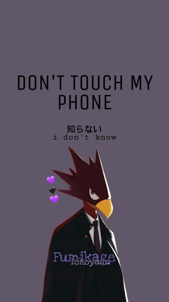 Fumikage Tokoyami in suit anime wallpaper with hearts and dont touch my phone text background