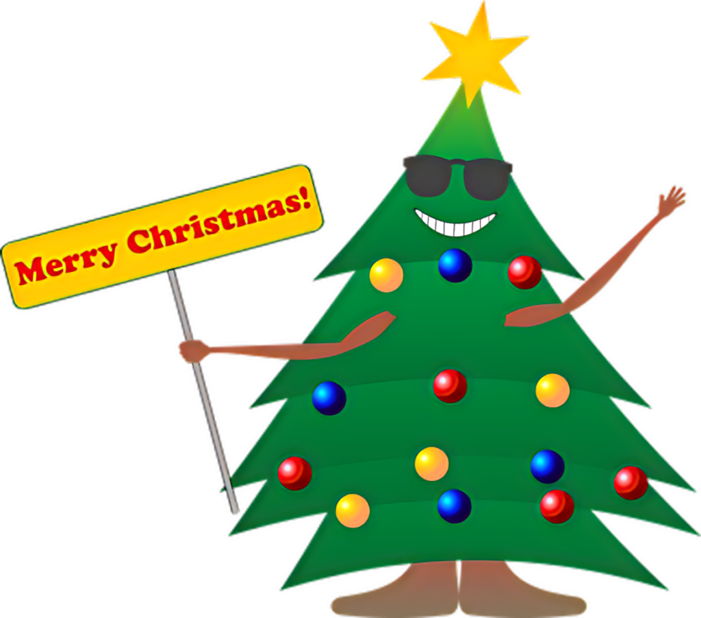 Festive Cartoon Christmas Tree Wallpaper with Sunglasses & Cheerful Sign