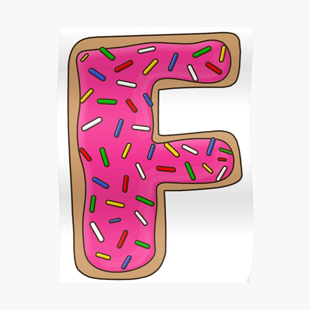 Playful letter F donut wallpaper with bright pink icing colorful sprinkles cartoon style background