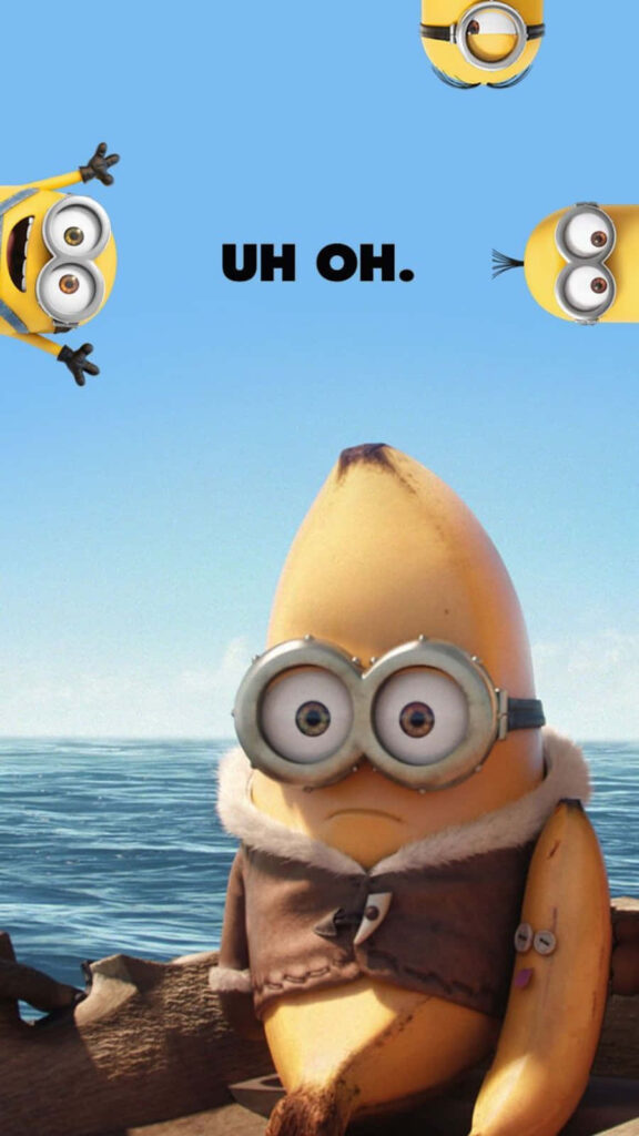 Whimsical Minion Banana Wallpaper with Ocean & Playful Peeking Friends