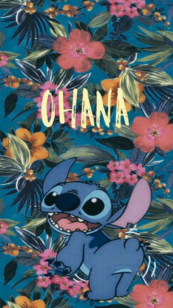 Playful Stitch Wallpaper with Tropical Flowers & Ohana Design
