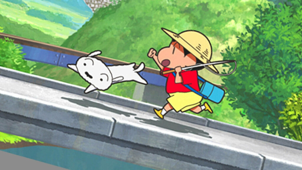 Crayon Shin-chan in red shirt and straw hat runs on bridge with Shiro dog bright anime wallpaper
