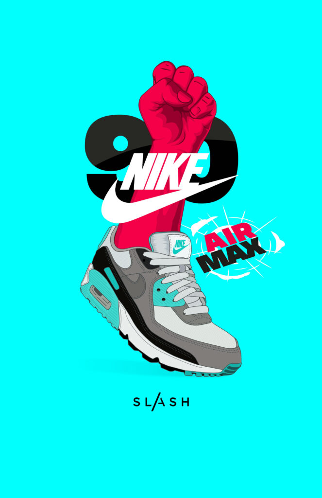Funky Fist-Kicked Cartoon Nike Shoes: Cyan-Accented Kick for a Colorful Ensemble Wallpaper