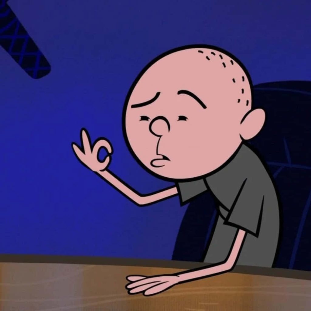 Cartoon bald Caillou style character podcast streamer making OK gesture funny wallpaper background