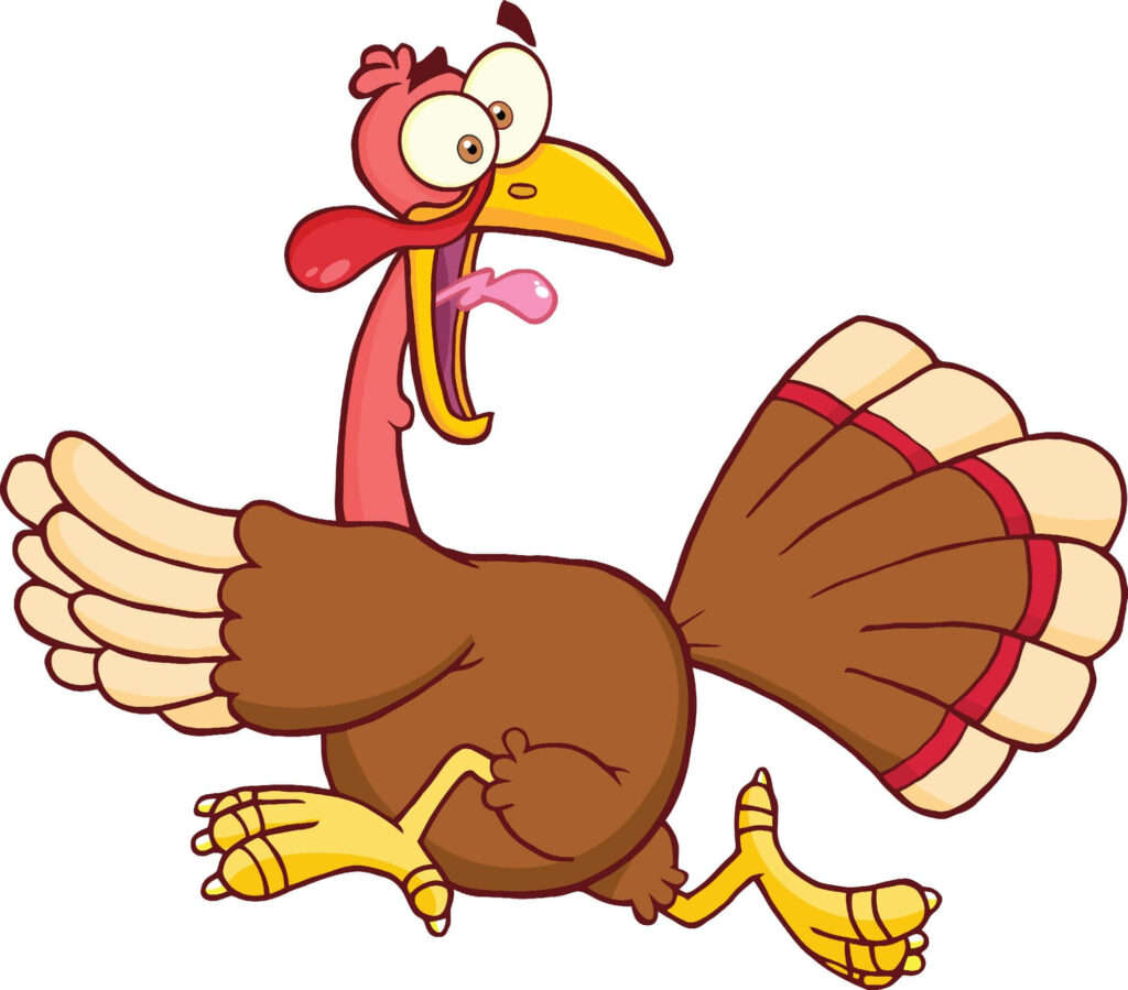 Cartoon turkey running fast with wide eyes playful Thanksgiving theme wallpaper background