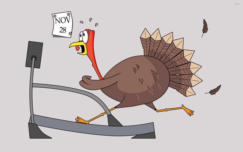 Cartoon turkey sweating and running on treadmill humorously preparing for Thanksgiving November 28 Wallpaper
