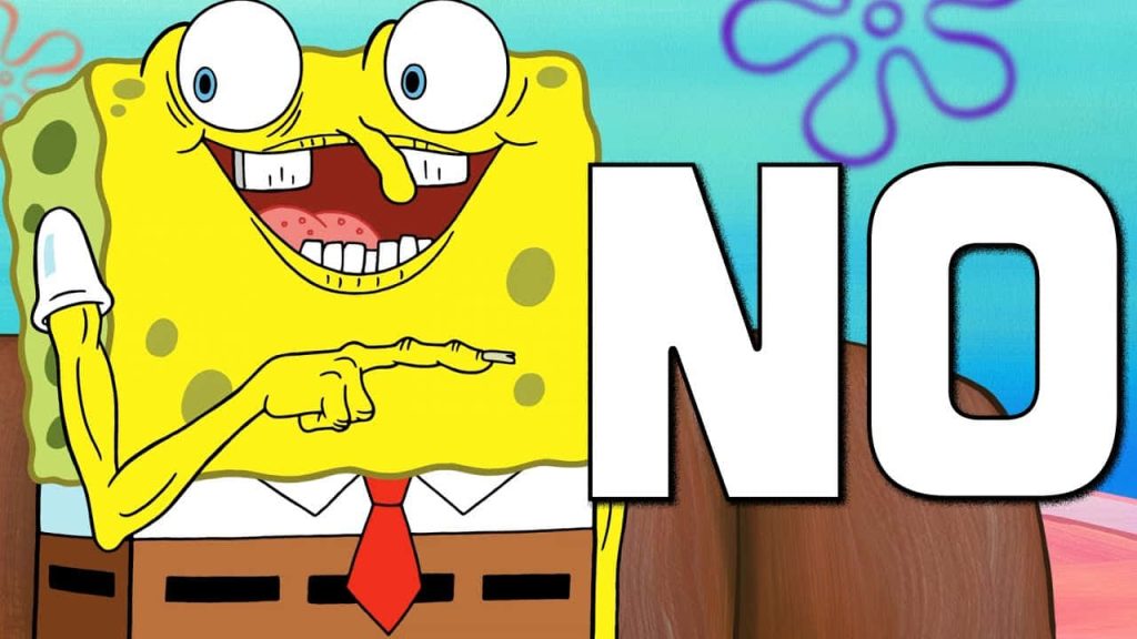 Funny distorted SpongeBob meme with wide grin and NO text on blue wallpaper background
