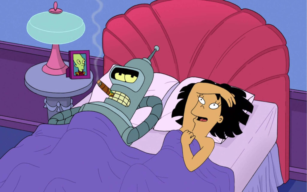 Futurama's Bender & Amy: Humorous Bed Scene Wallpaper Background