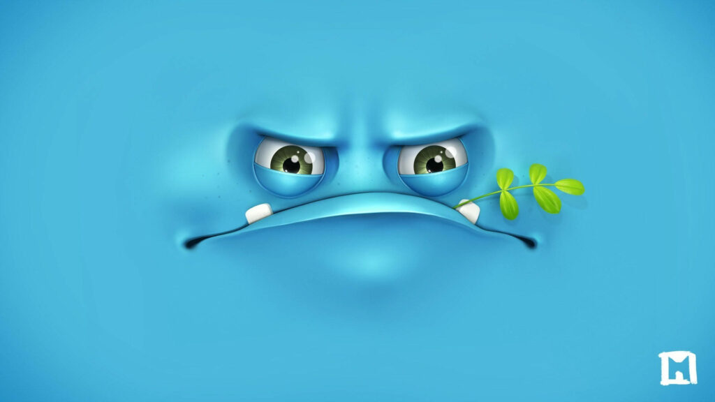 Playful Blue 3D Cartoon Character Wallpaper with Humorous Grumpy Face