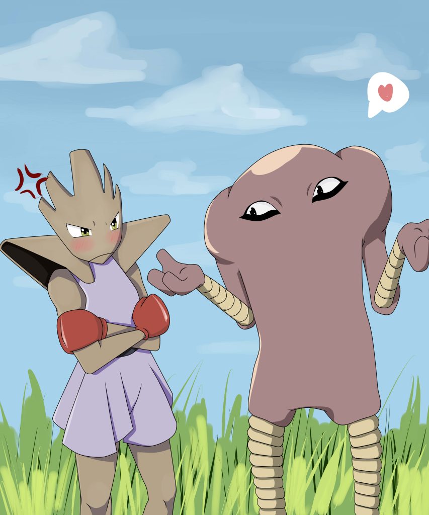 Annoyed Hitmonchan in dress glares while relaxed Hitmonlee shrugs with heart outdoors wallpaper