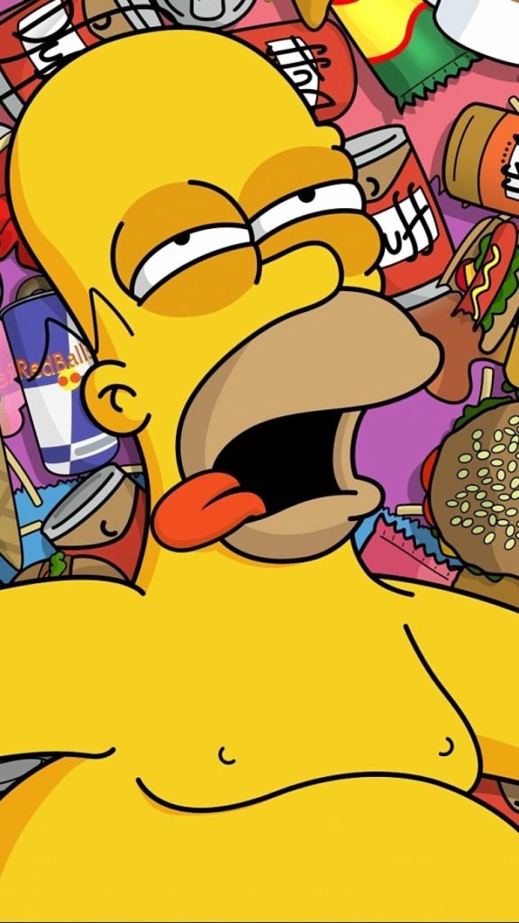 Funny Homer Simpson wallpaper with goofy drunk expression and vibrant junk food collage